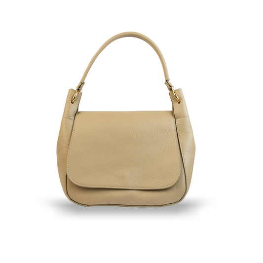 Sac Naomi cappuccino vu de face – sac en cuir grainé italien, fond blanc